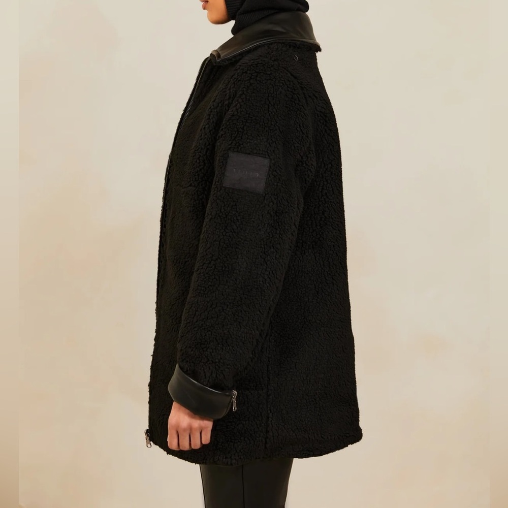 VEILED -Reversible Vegan Leather Sherpa Aviator Coat - Black - Picture 3 of 9